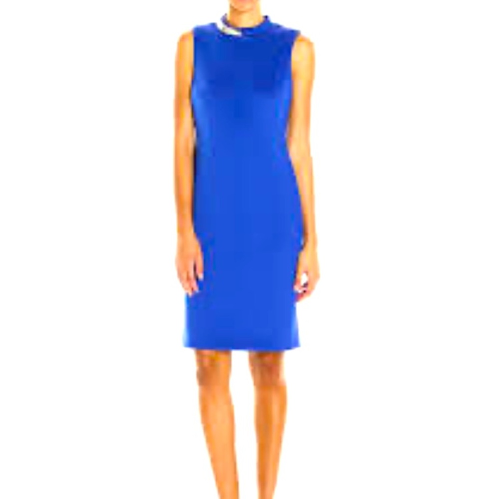 Calvin Klein Blue Sheath Midi Dress Mock Neck Sleeveless